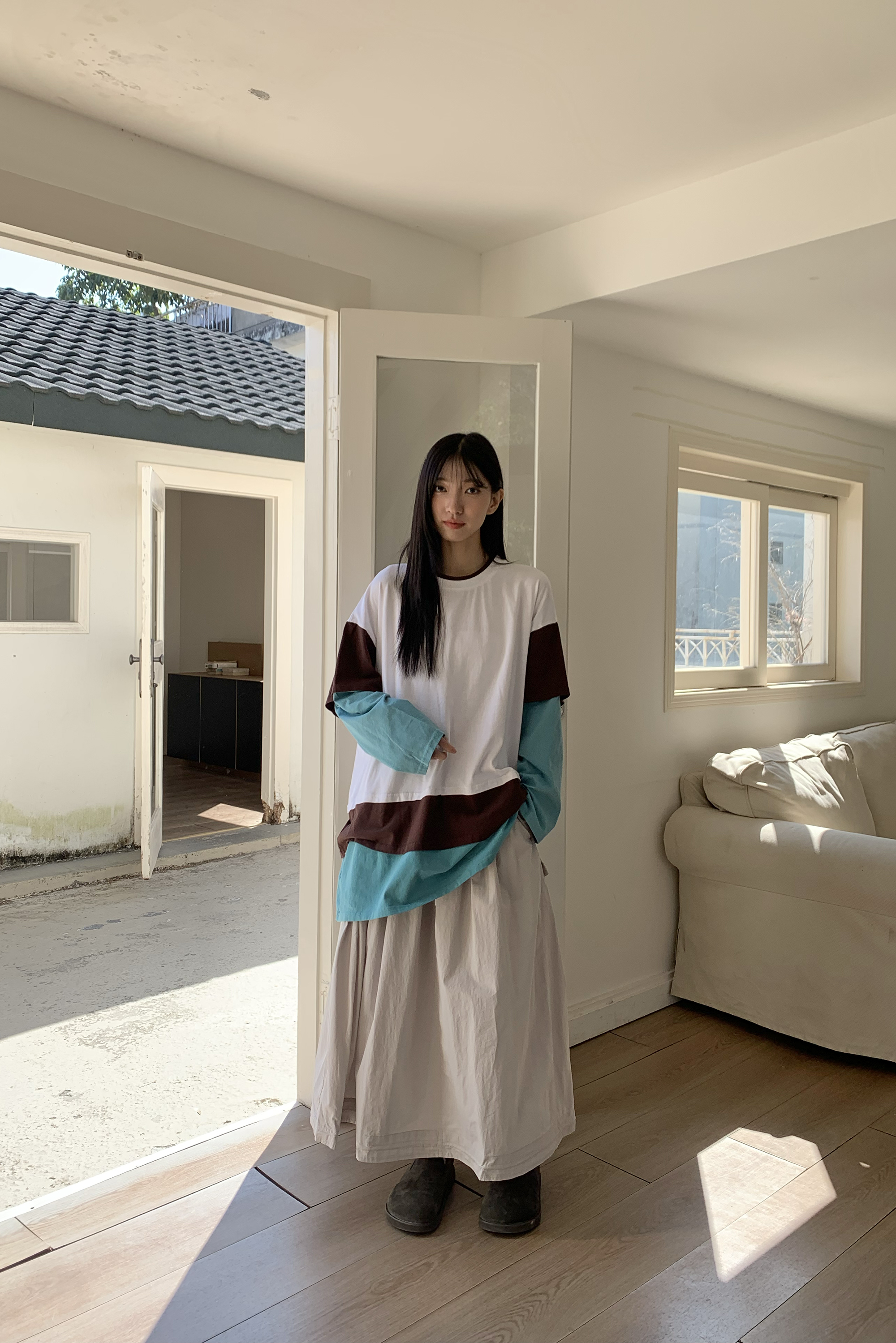 撞色層次感拼接長袖T 3色