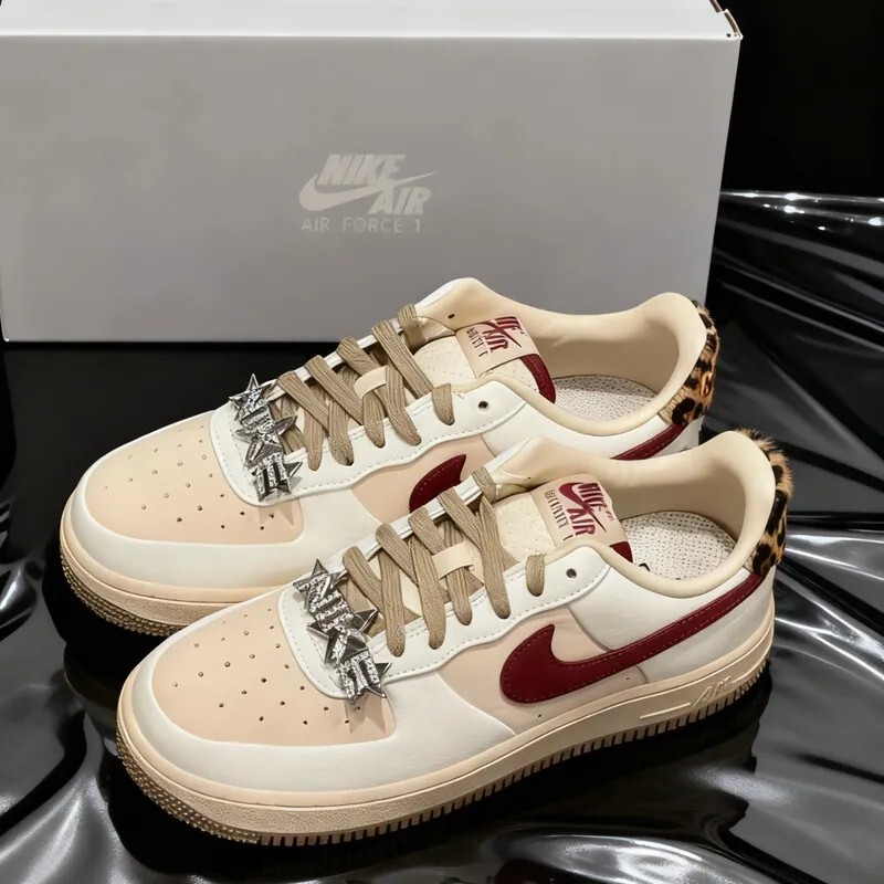 NIKE W AIR FORCE 1'07 酒紅 米白 豹紋 淺粉 星星扣環 鑽扣 女鞋