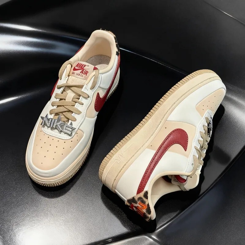 NIKE W AIR FORCE 1'07 酒紅 米白 豹紋 淺粉 星星扣環 鑽扣 女鞋