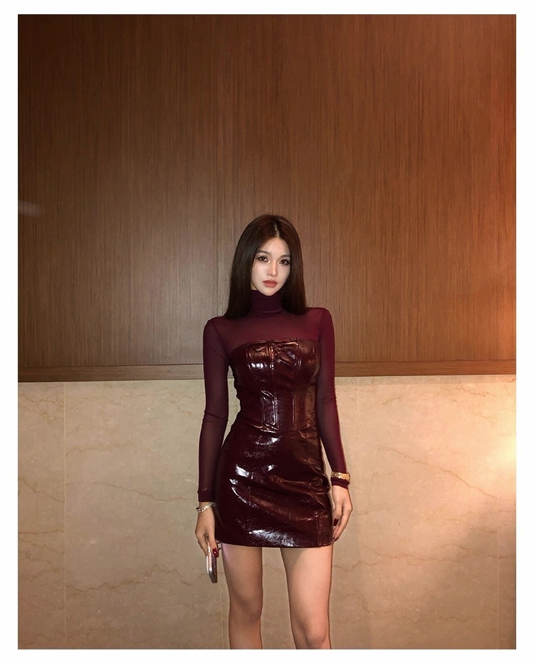 性感特務! 透膚上衣+魚骨皮洋裝 (2件組)