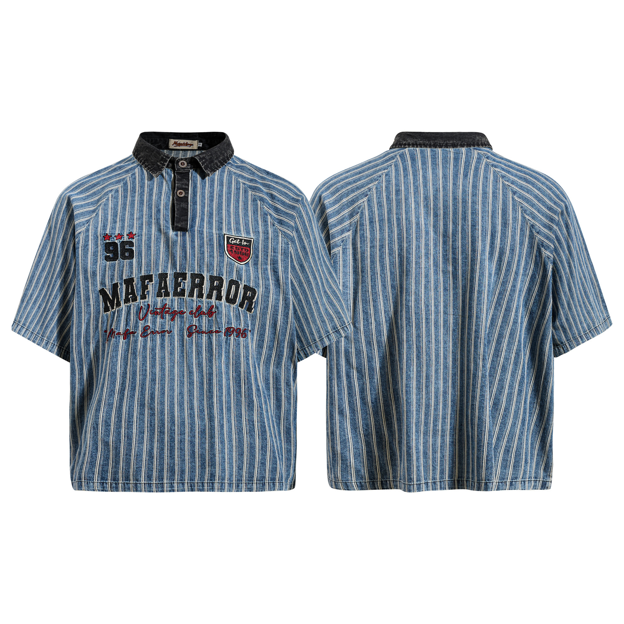 《S.V》撞色牛仔領細條紋短袖 Polo