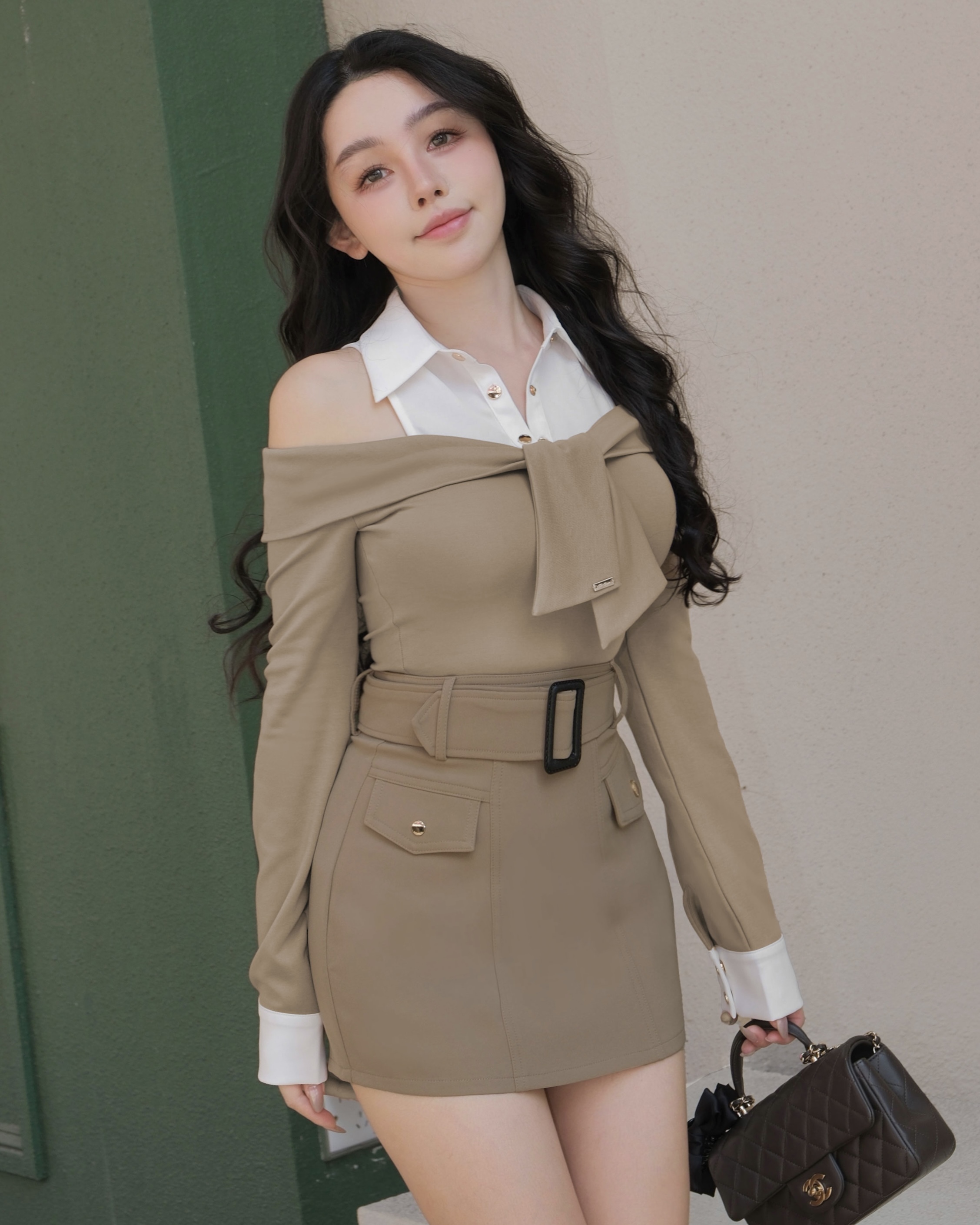 訂製-質感拼接襯衫露肩綁帶上衣