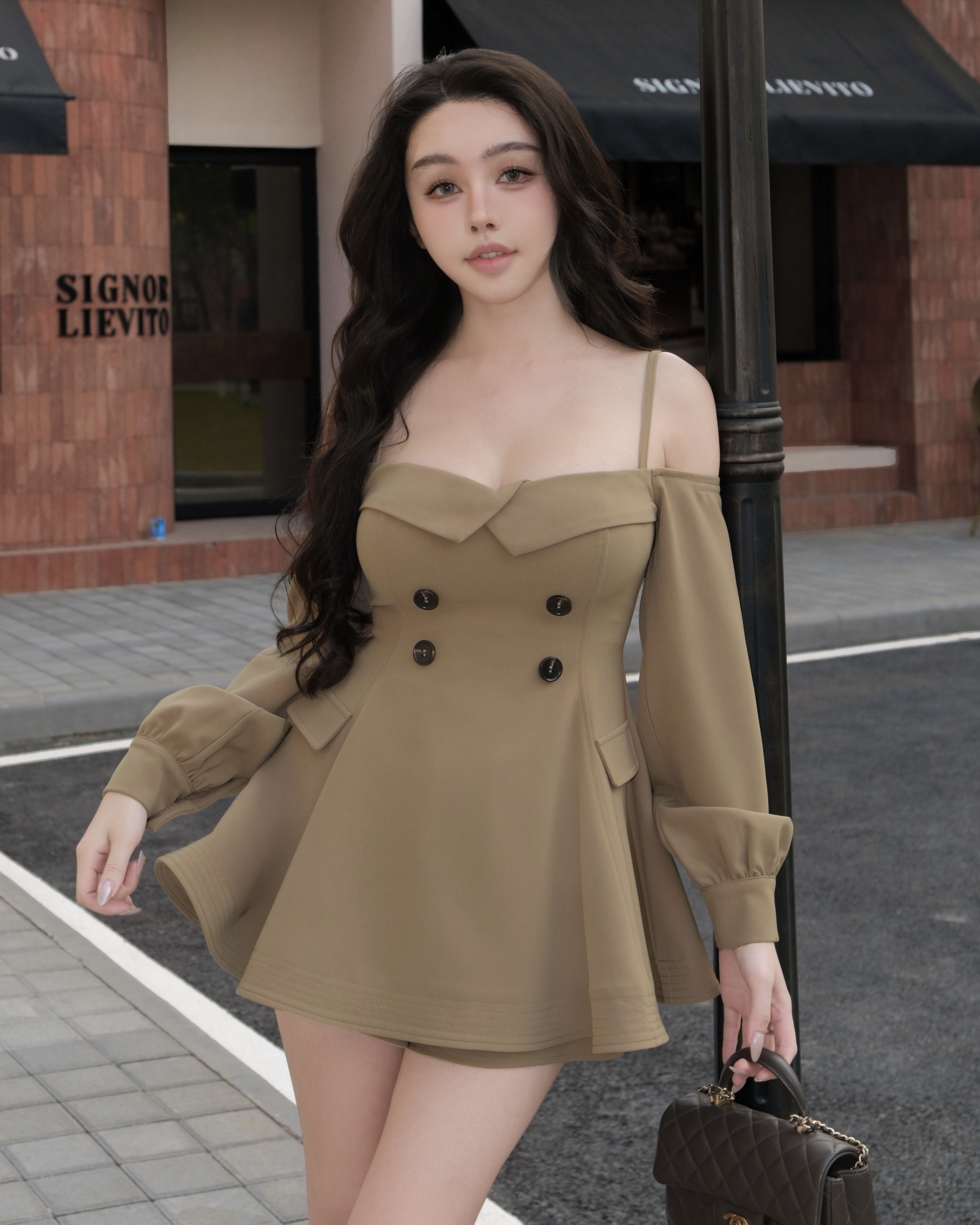 訂製-經典排釦一字領傘襬套裝