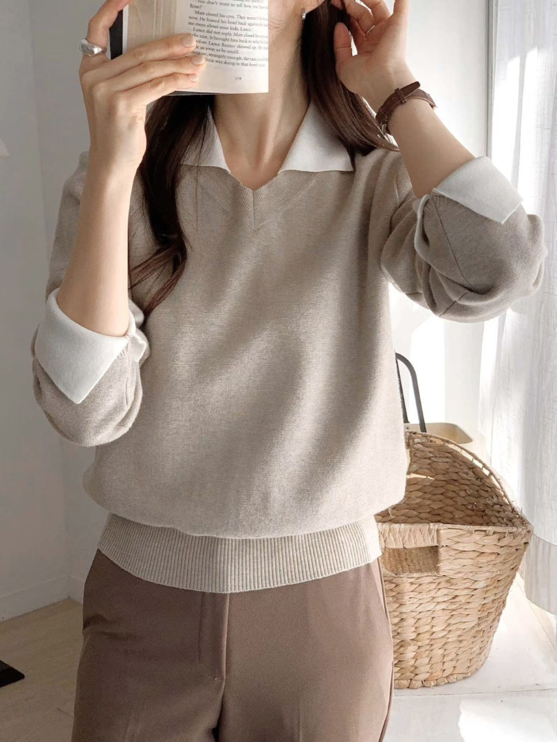 單穿有質感針織上衣｜V領襯衫領設計・氣質顯瘦長袖毛衣