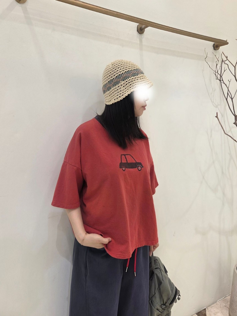 寬版撞色小車棉T｜韓系復古印花短袖・微寬鬆顯瘦百搭上衣