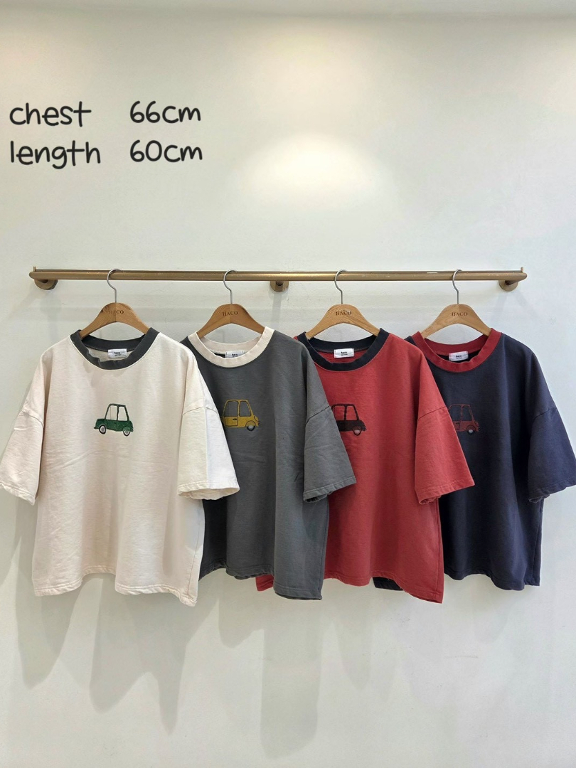 寬版撞色小車棉T｜韓系復古印花短袖・微寬鬆顯瘦百搭上衣