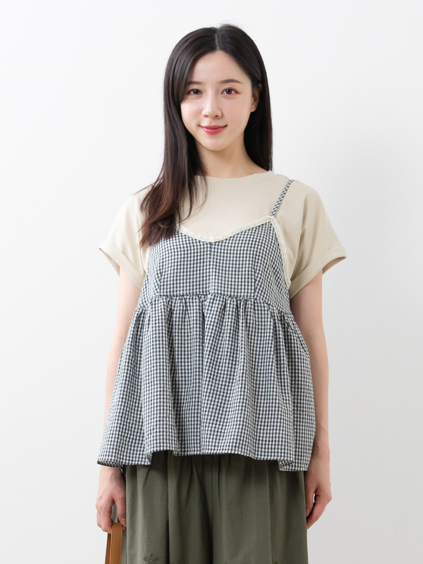 格紋細肩帶背心側抓皺上衣繡花寬褲組合