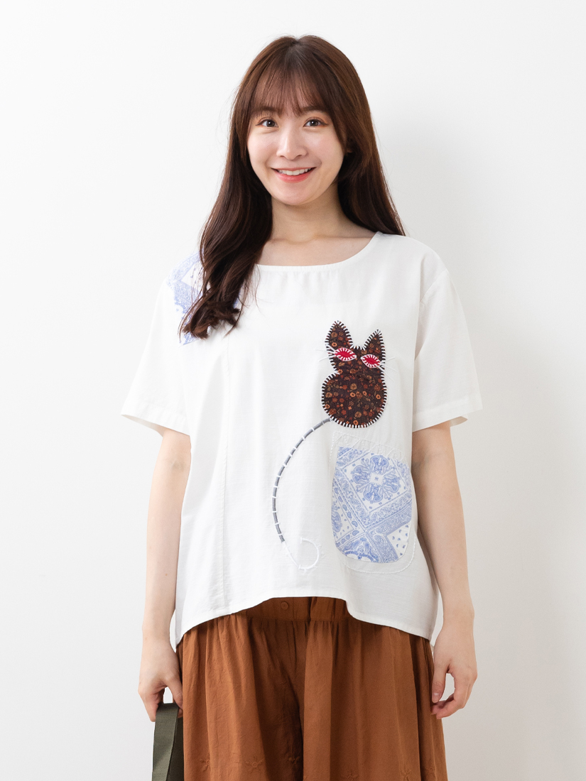 拼布小貓口袋棉麻感上衣繡花純棉寬褲組合