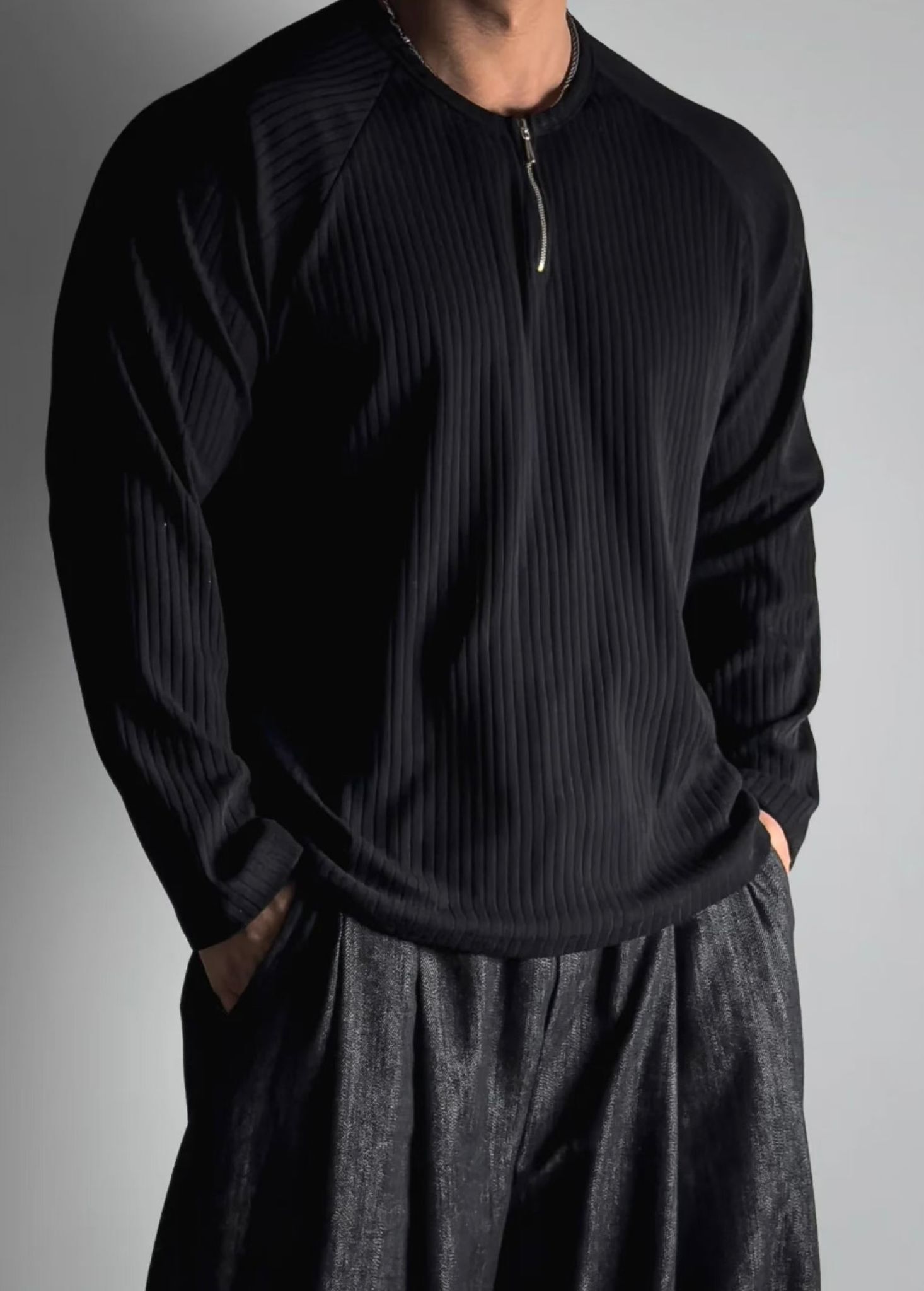 淨色半開胸拉鍊長袖衫 MUJEUN-006T