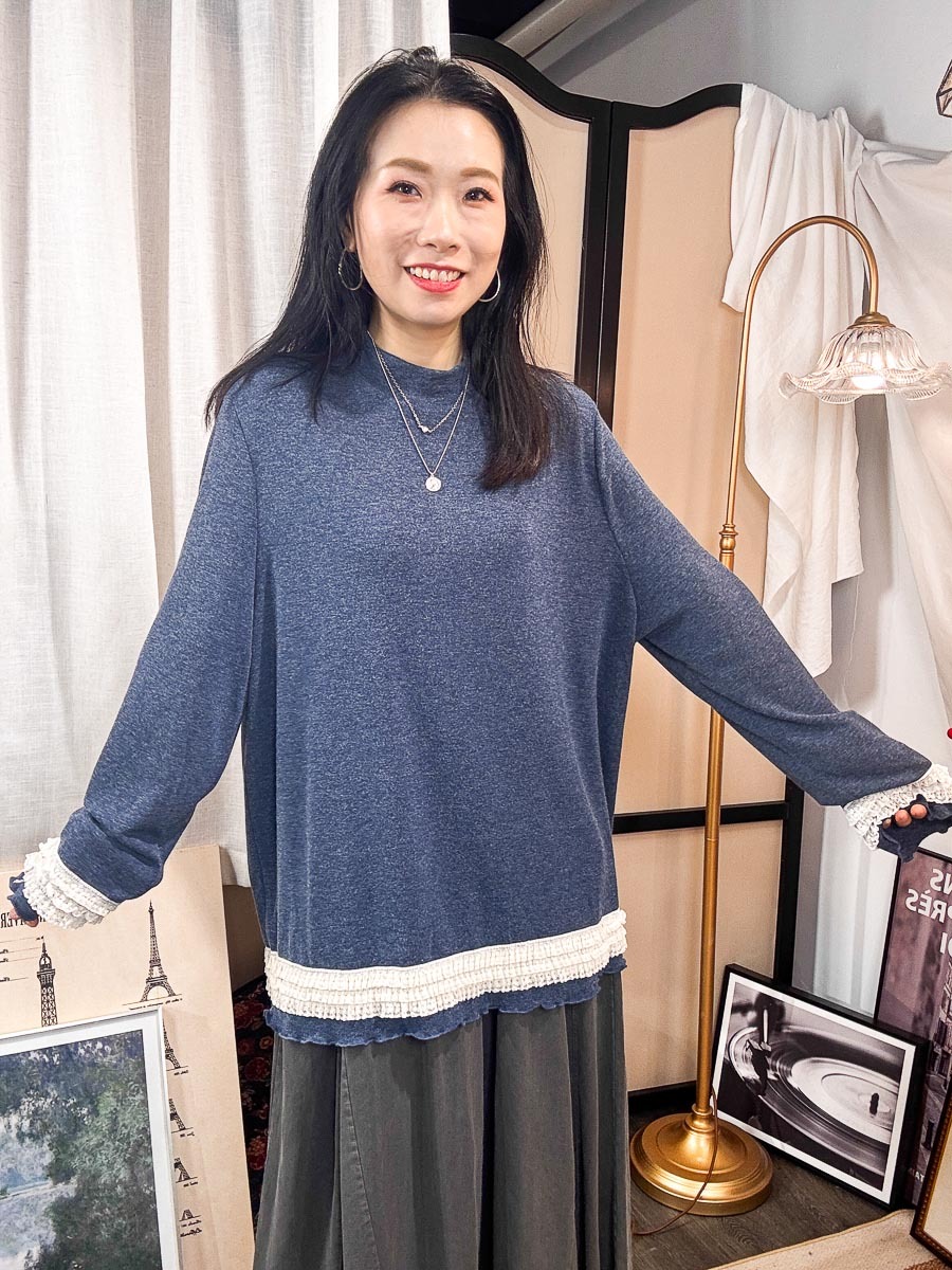 開倉低至半價😱FINALSALE📣 袖口 下擺LACE RUFFLE邊．小企領 薄絨絨料TOP【不設退換】