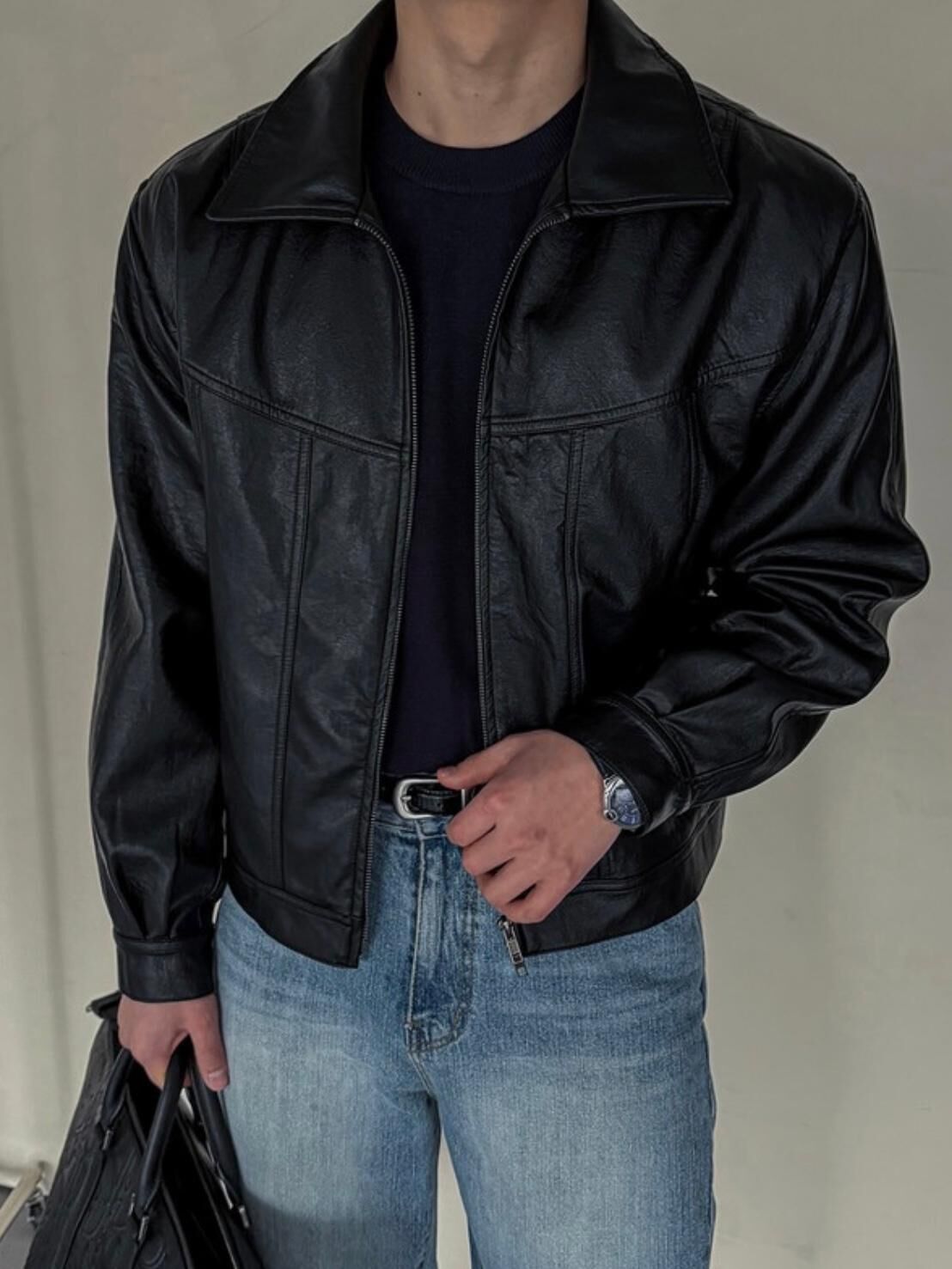 淨色反領合成皮褸 OWN-124JK