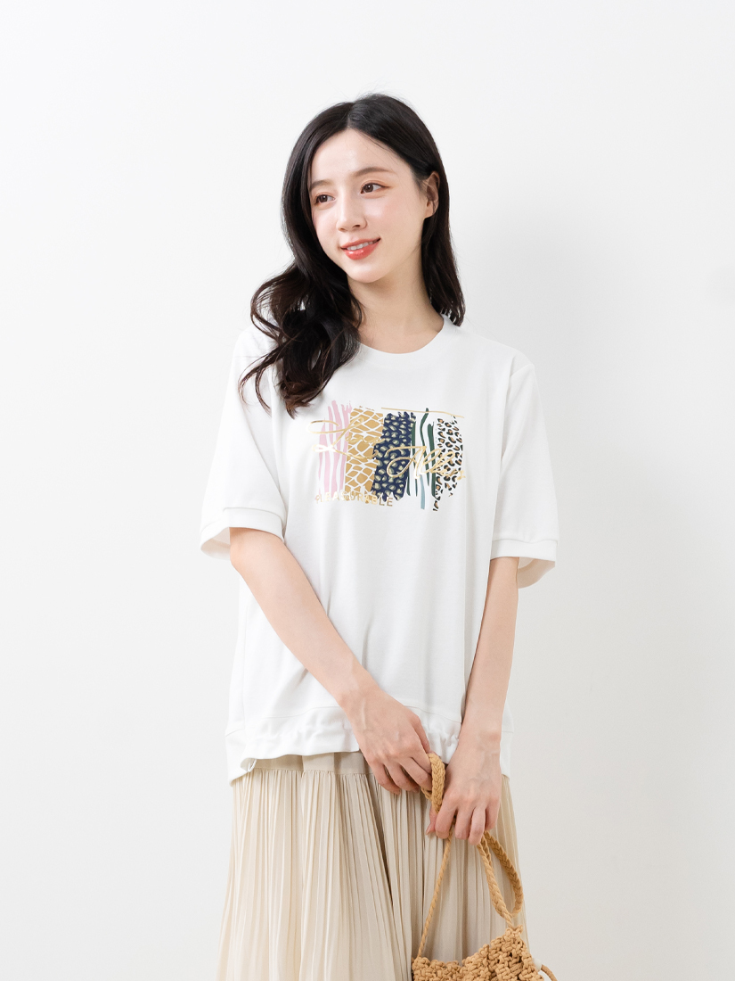 印花下擺抽皺上衣雪紡壓褶剪接蛋糕裙組合