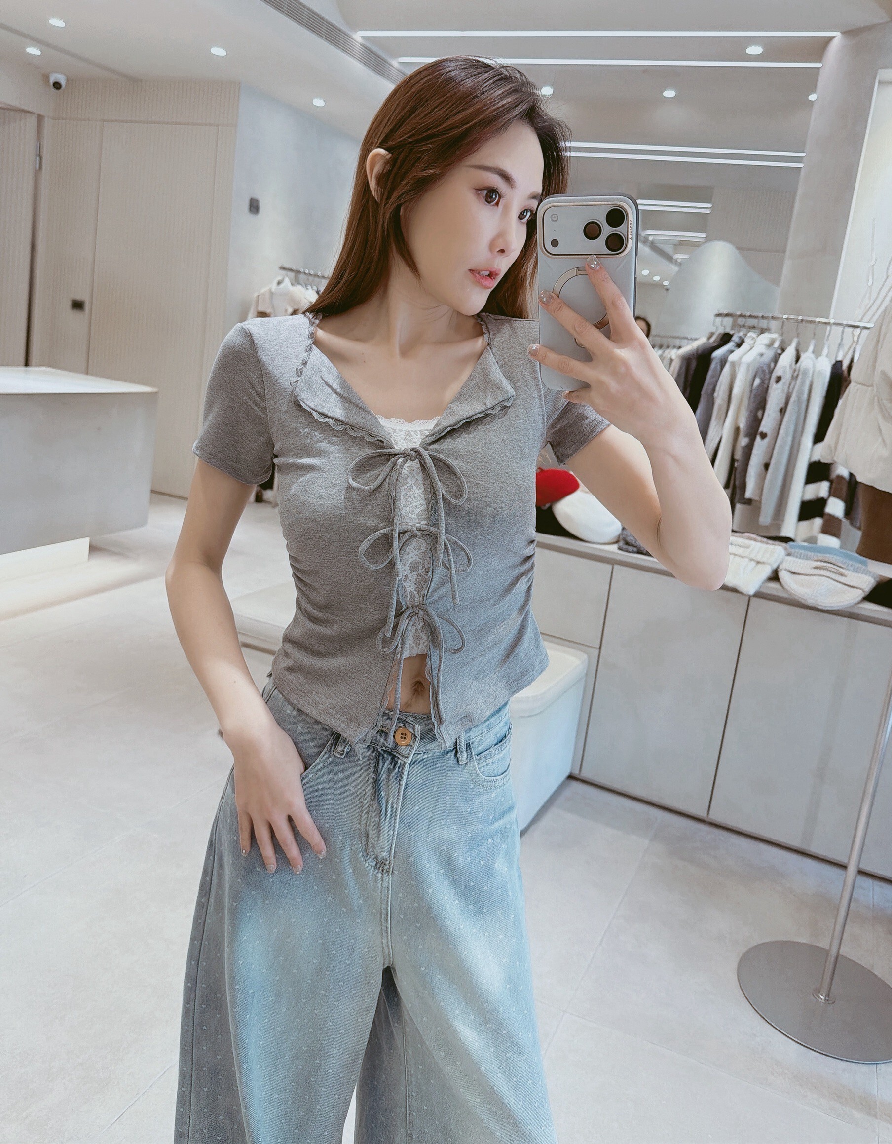 前綁假兩件接蕾絲棉質衣