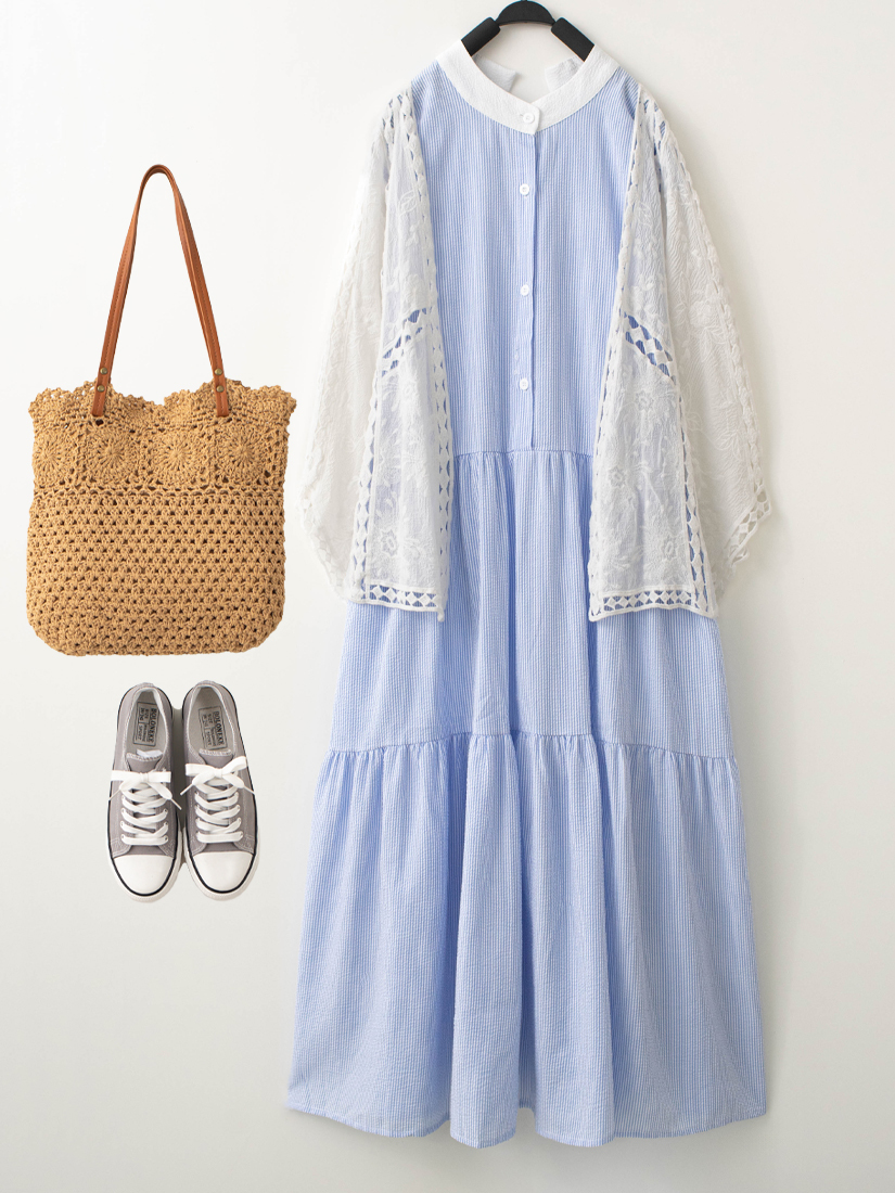 簍空編織罩衫泡泡布後綁帶蛋糕長洋裝組合