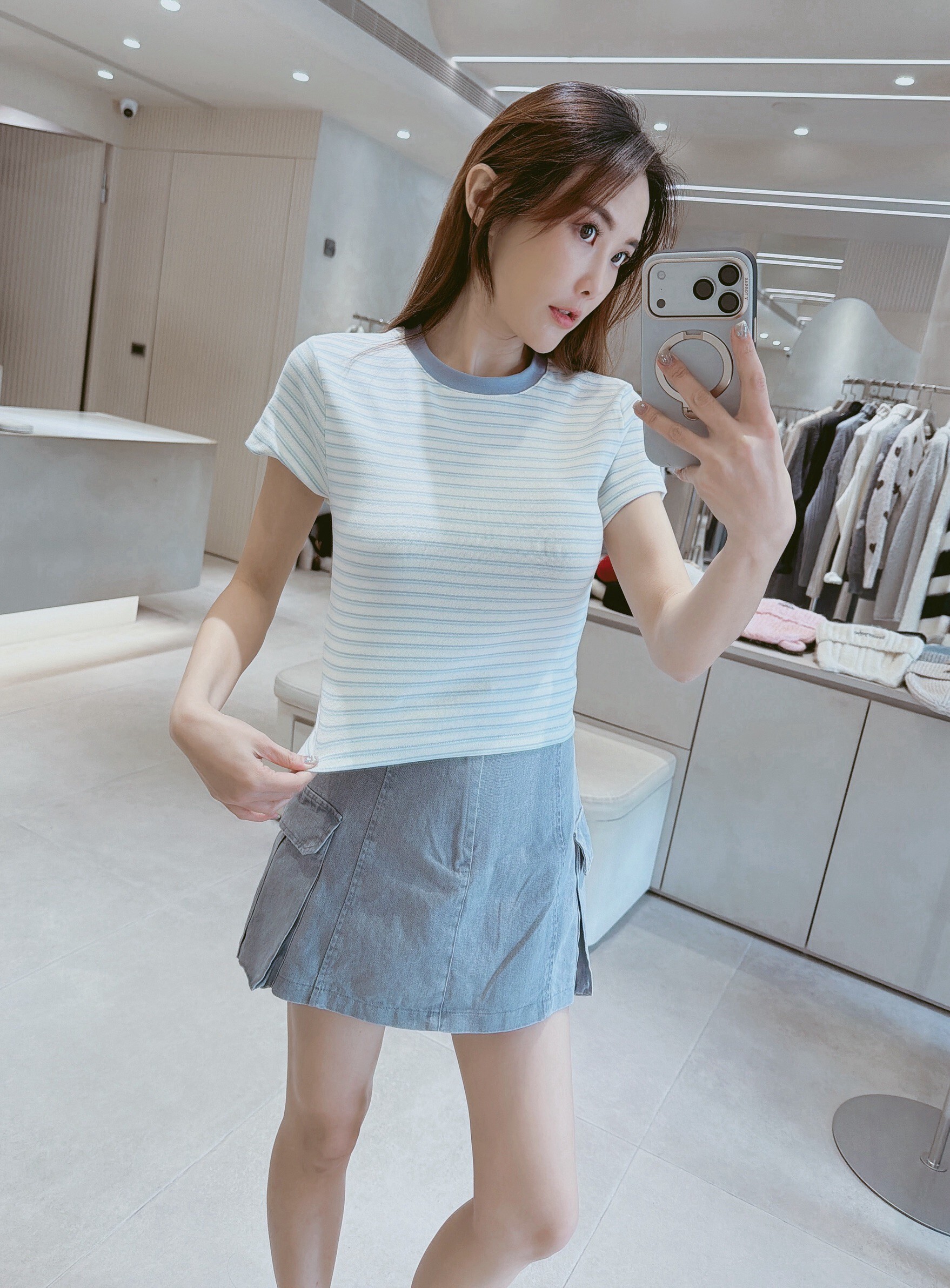 配色條紋合身棉質上衣