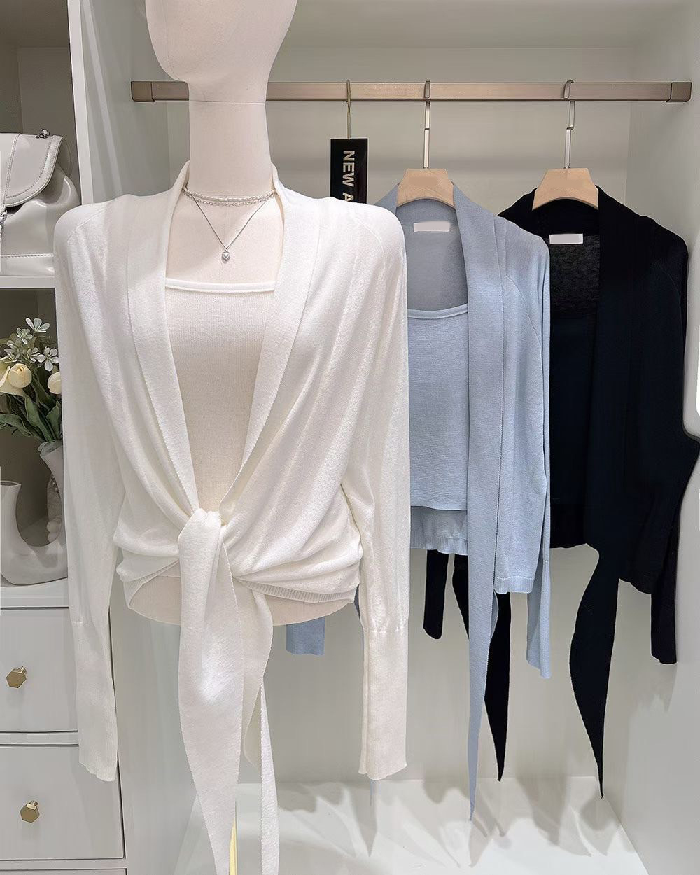 綁帶造型開襟罩衫外套+細肩帶背心SET / 3色