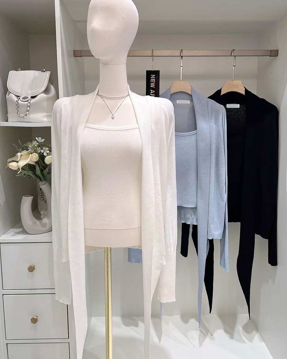 綁帶造型開襟罩衫外套+細肩帶背心SET / 3色