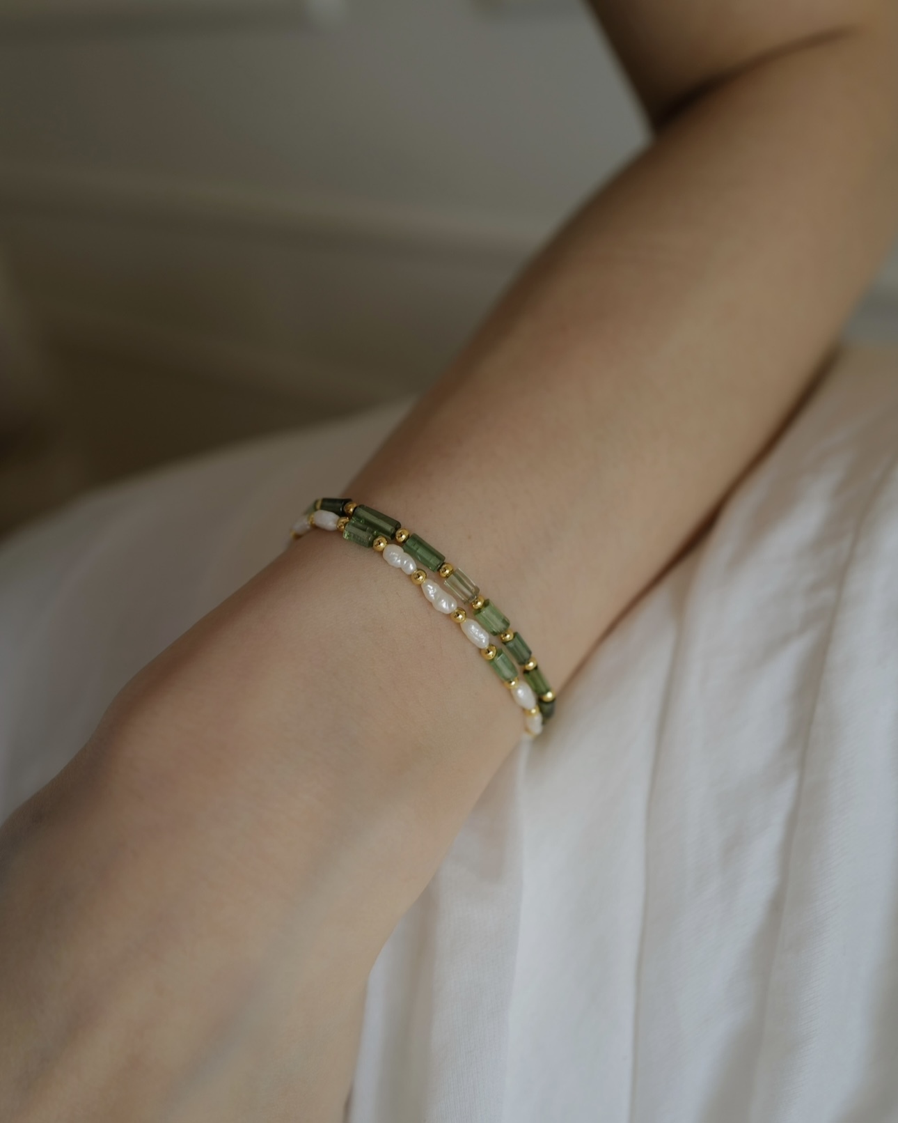 Moss Green-Gilded｜印度綠碧璽珍珠手鏈