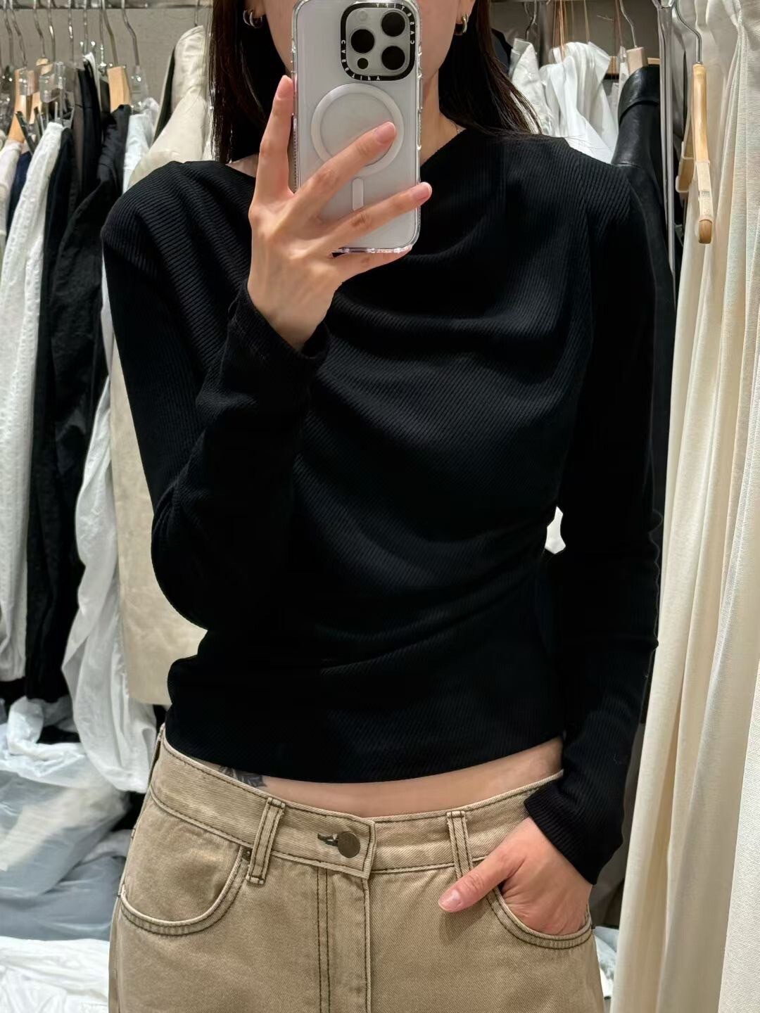 垂墜領口造型長袖螺紋上衣 / 3色