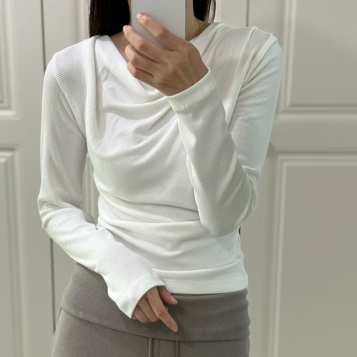 垂墜領口造型長袖螺紋上衣 / 3色