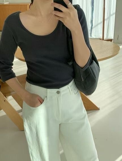 大圓領五分袖合身棉質上衣 / 4色