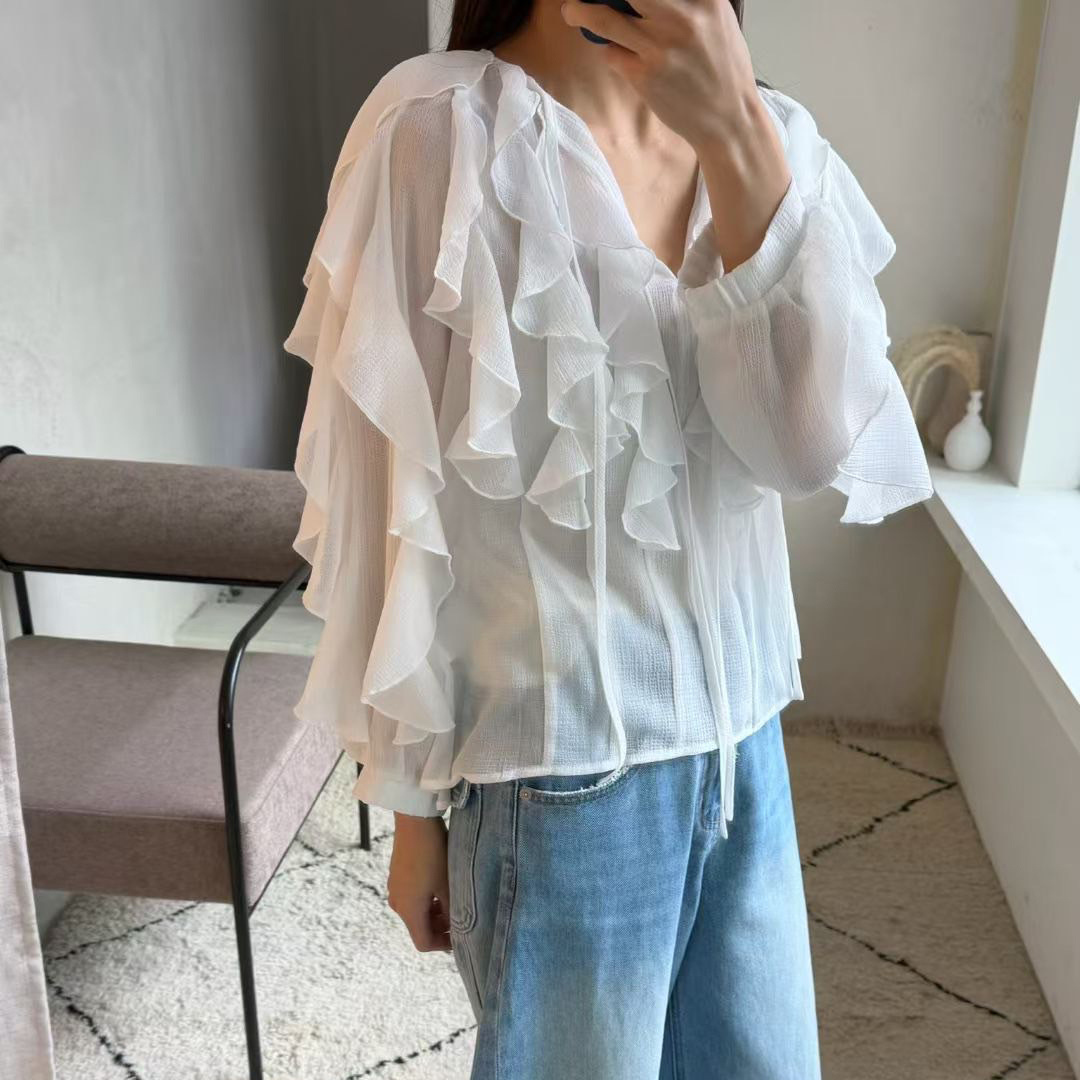 多層次荷葉滾邊造型V領澎澎袖上衣 / 3色