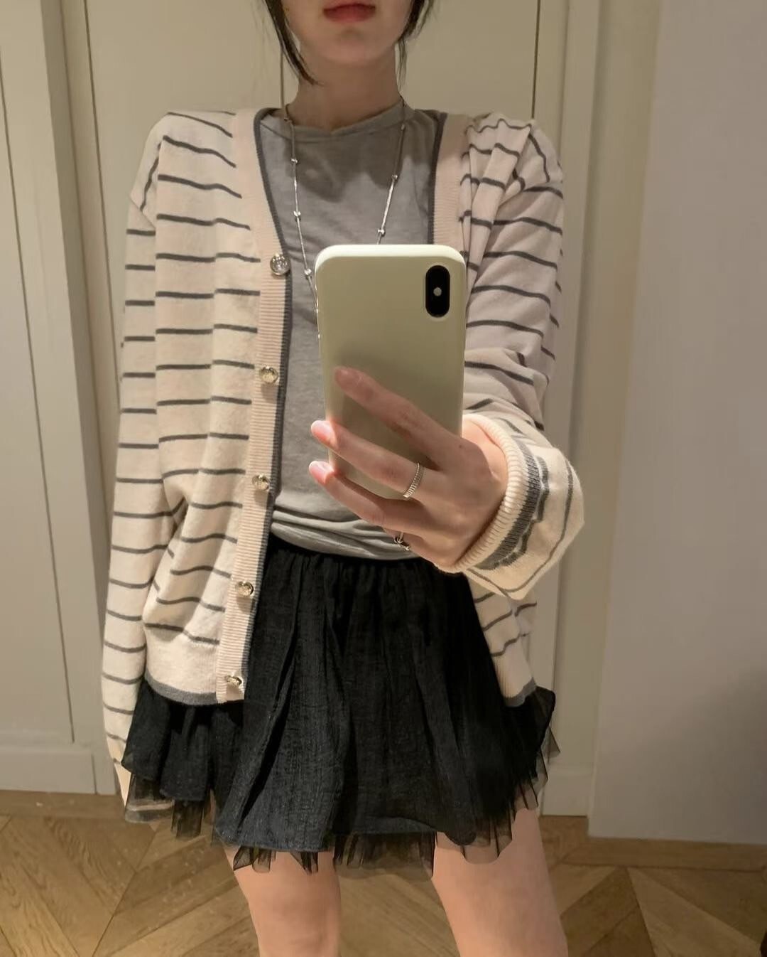 可愛配色細橫條紋V領滾邊罩衫外套 / 2色