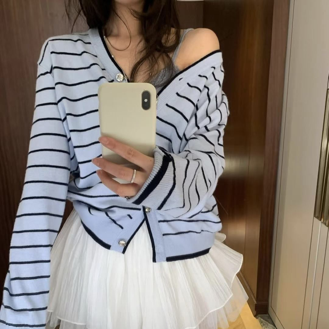 可愛配色細橫條紋V領滾邊罩衫外套 / 2色