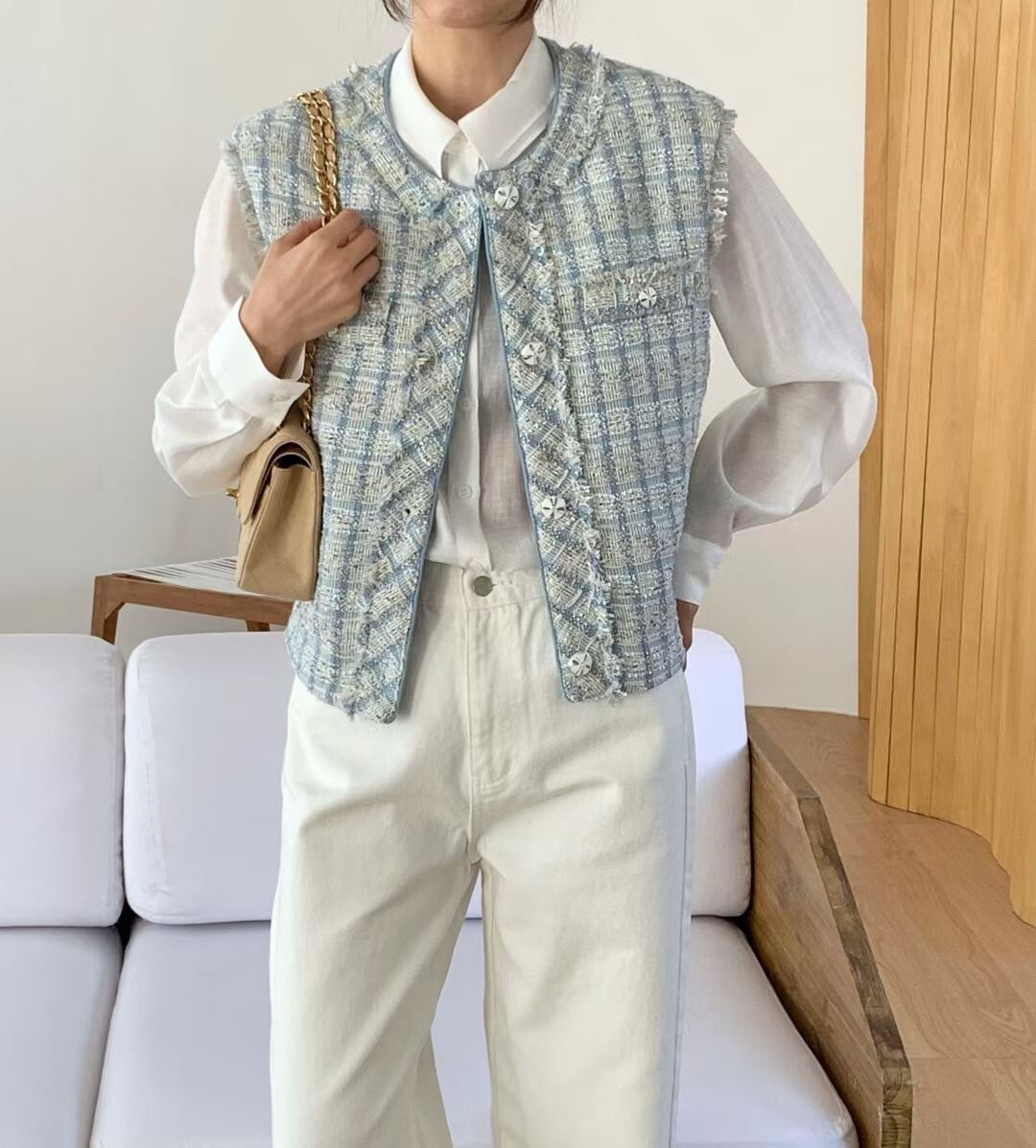 配色小香格紋軟呢排釦造型背心外套 / 3色