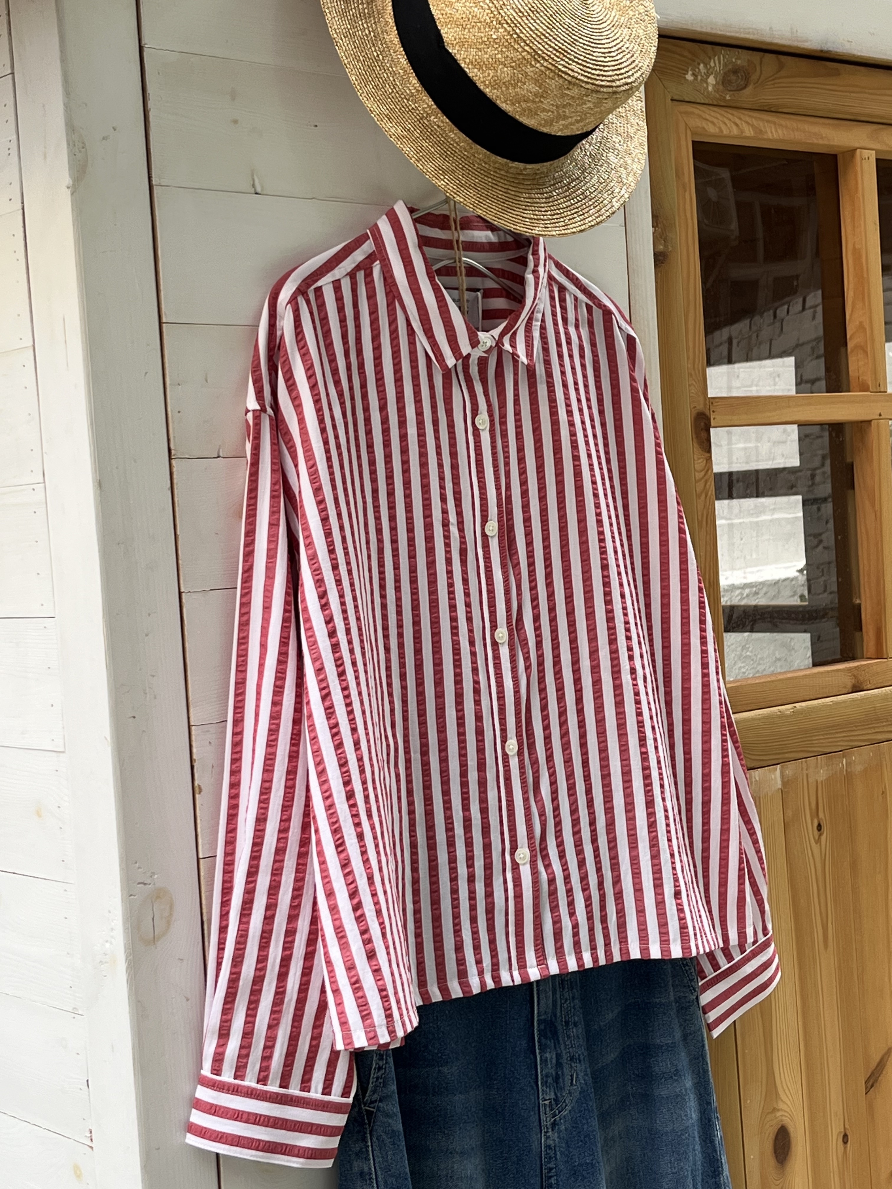 AUG紅白色條子皺布top