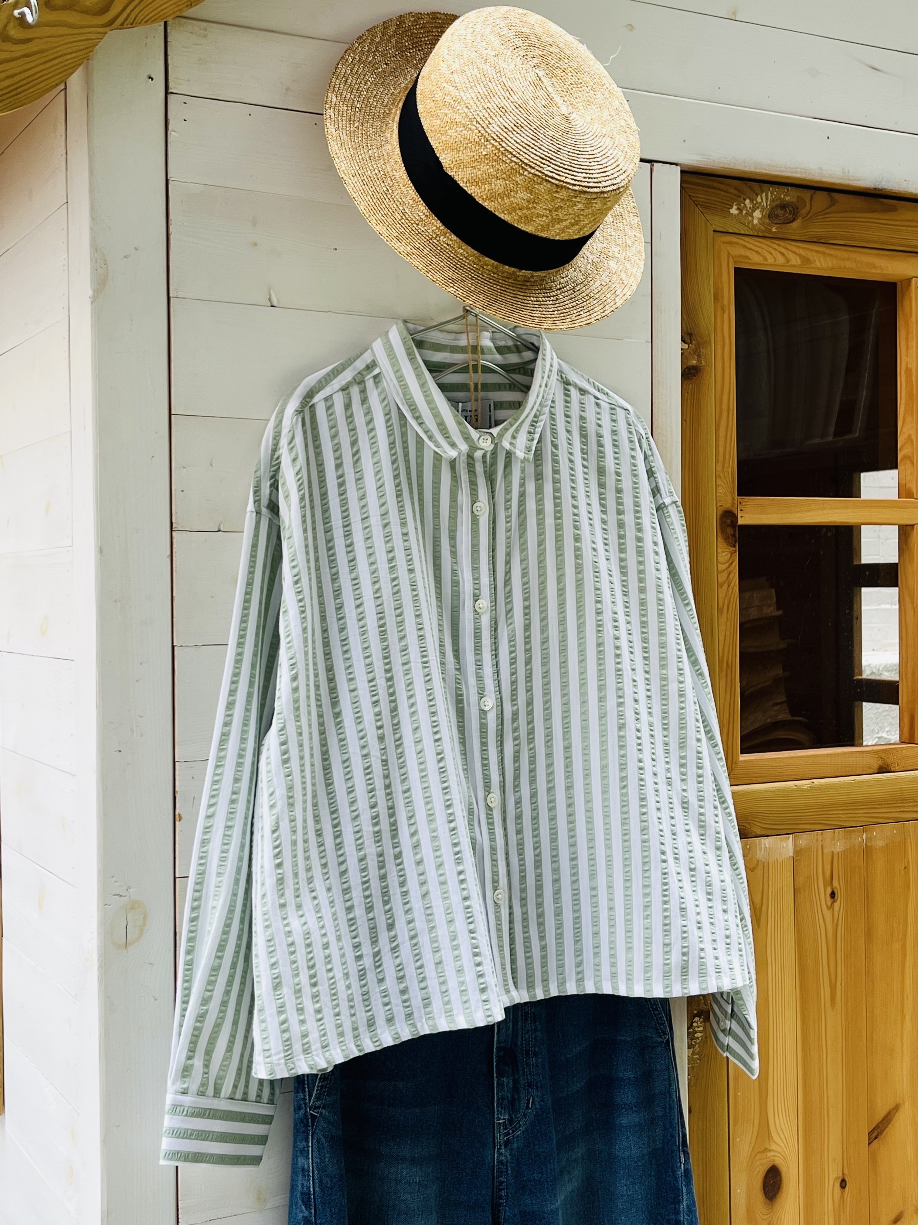 AUG綠白色條子皺布top