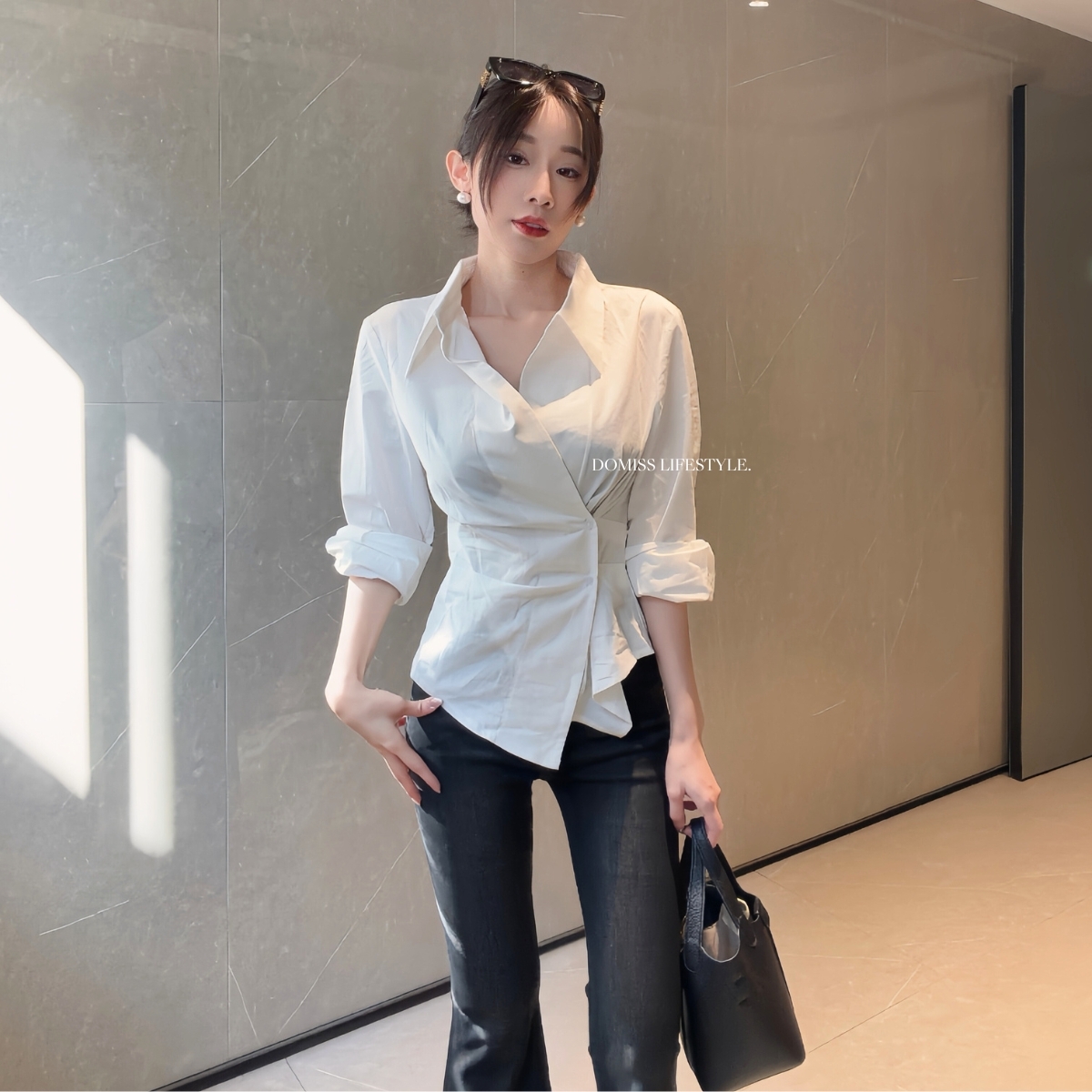 【悉尼假期】DOMISS自訂-不規則純欲收腰壓褶襯衫-2色 襯衫 條紋襯衫 長袖襯衫 (現貨)