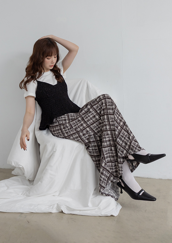 斜格紋綁帶垂墜長裙