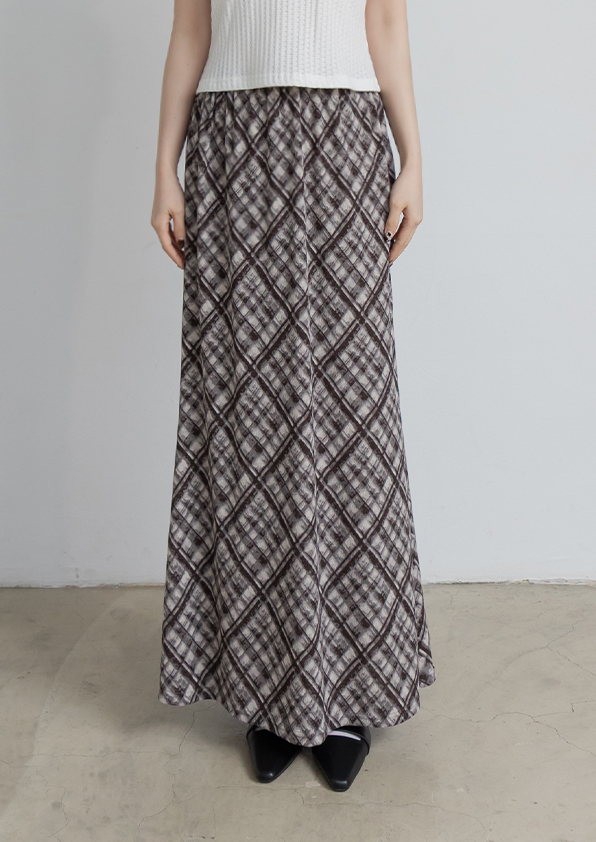 斜格紋綁帶垂墜長裙