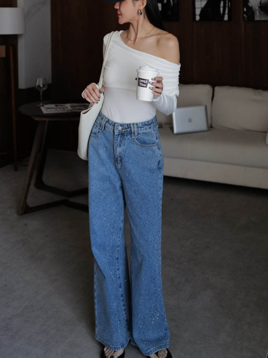 燙鑽牛仔闊腿褲-淺藍