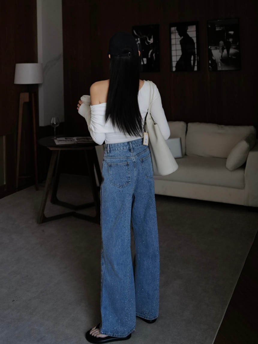 燙鑽牛仔闊腿褲-淺藍