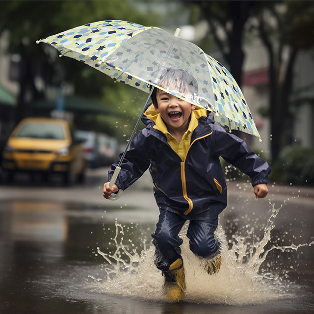 男孩撐著童傘在雨後的街道上開心地奔跑