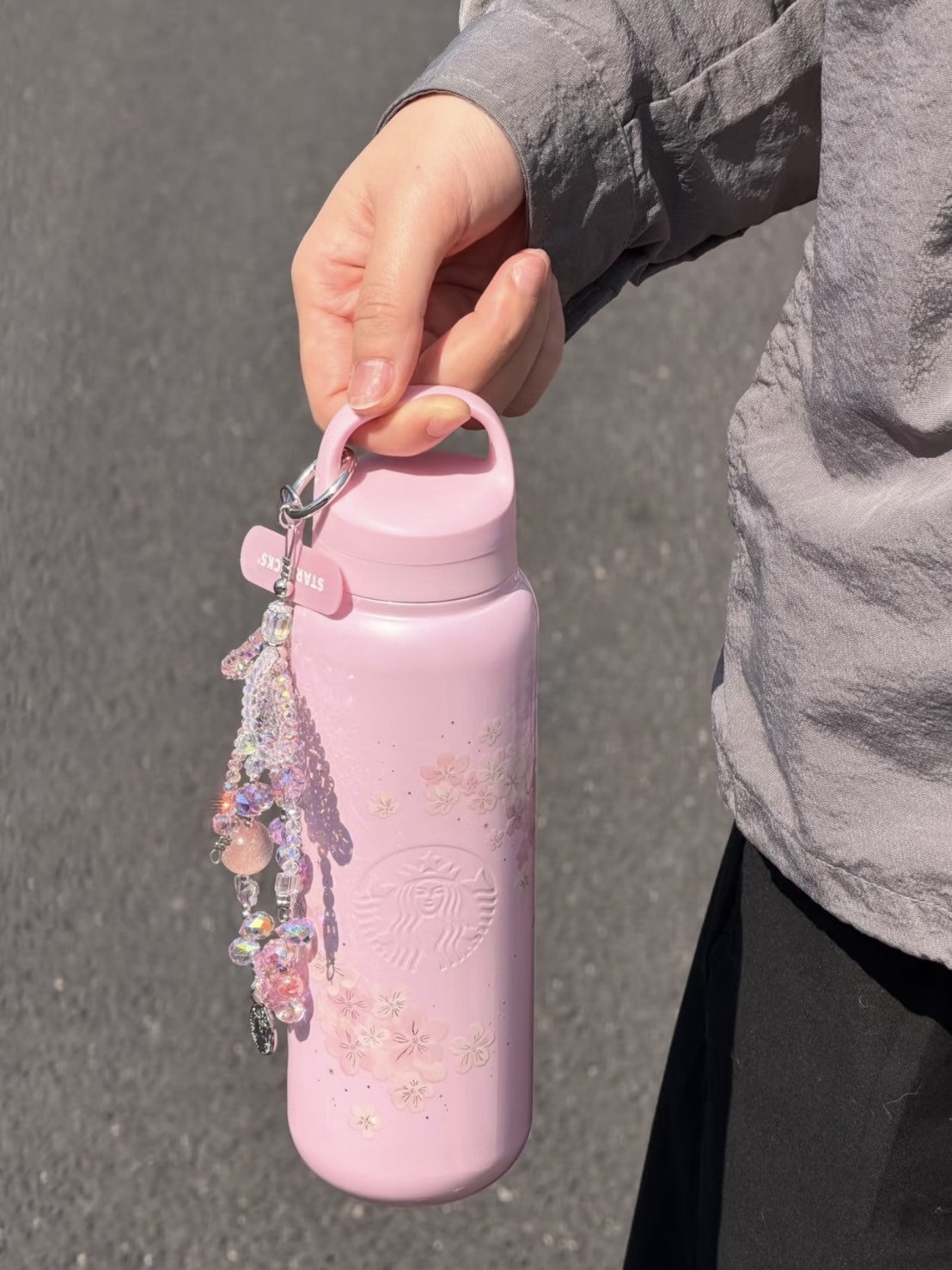 STARBUCKS 星巴克 細閃 珠光 櫻花粉 520ML 保溫杯 配串珠掛飾