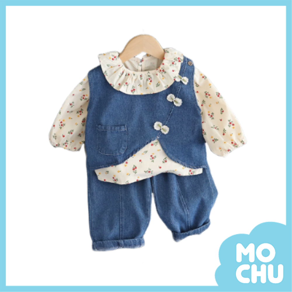 碎花荷葉領牛仔三件組套裝(二色)