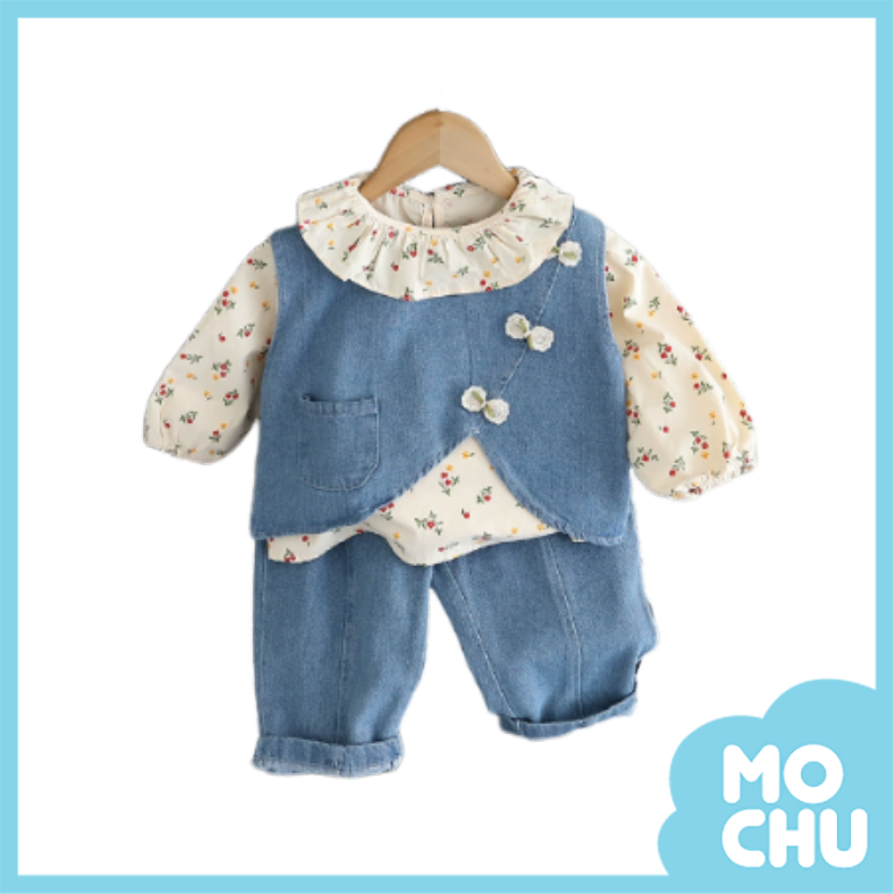 碎花荷葉領牛仔三件組套裝(二色)