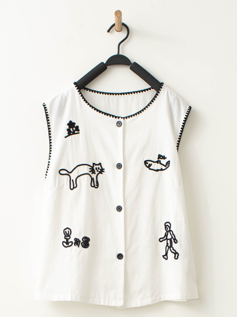 貓咪鯨魚鎖鏈縫穿搭背心繡花純棉寬褲組合