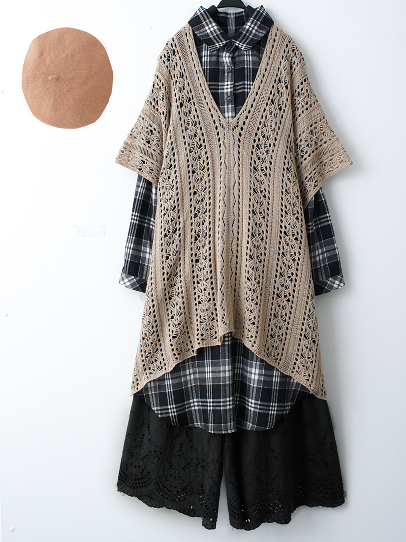 針織罩衫格紋洋裝繡花寬褲組合-ABDE