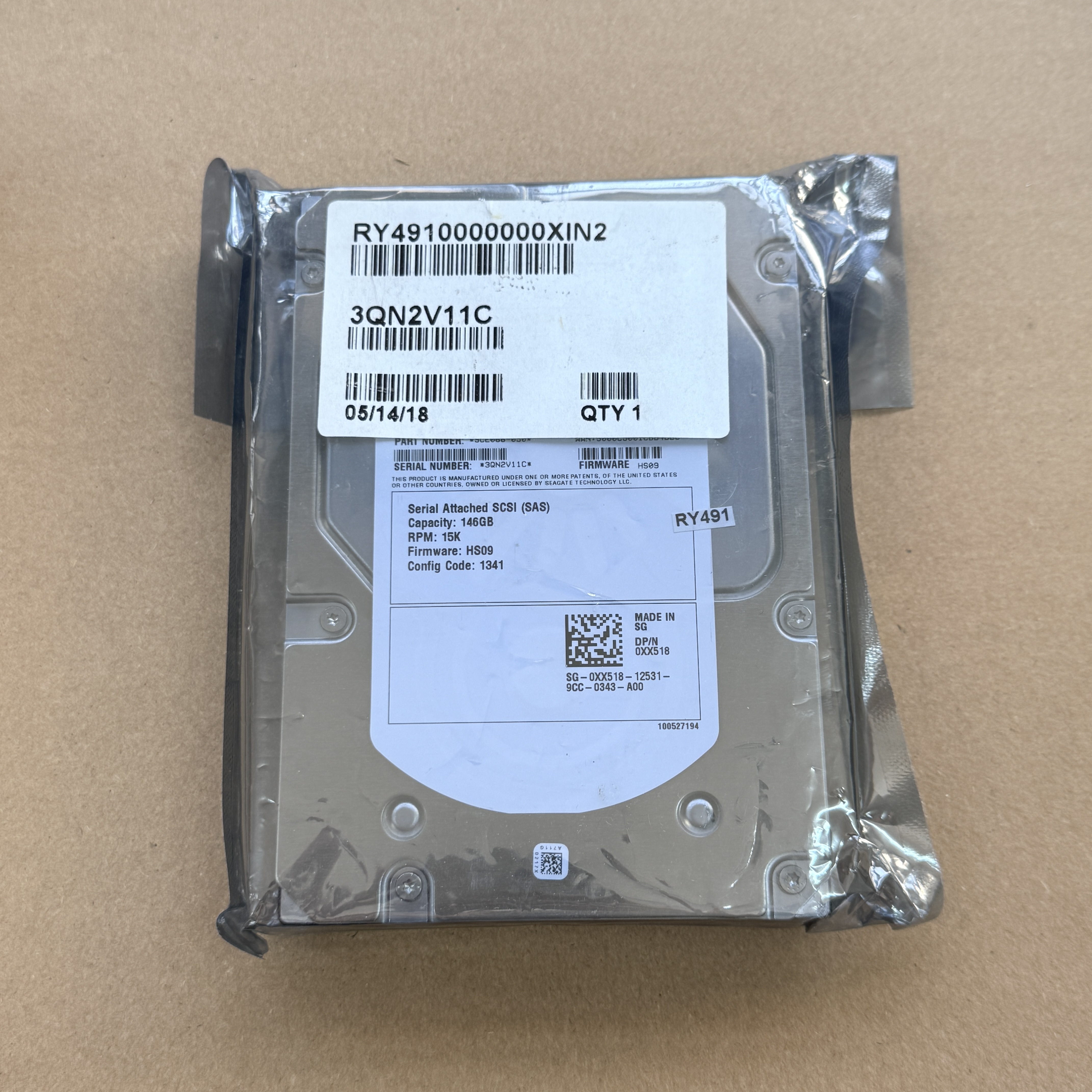 RY491 DELL 146GB SAS 15K RPM 3.5IN HS HDD = TN937/XK111/XX518 (翻新)