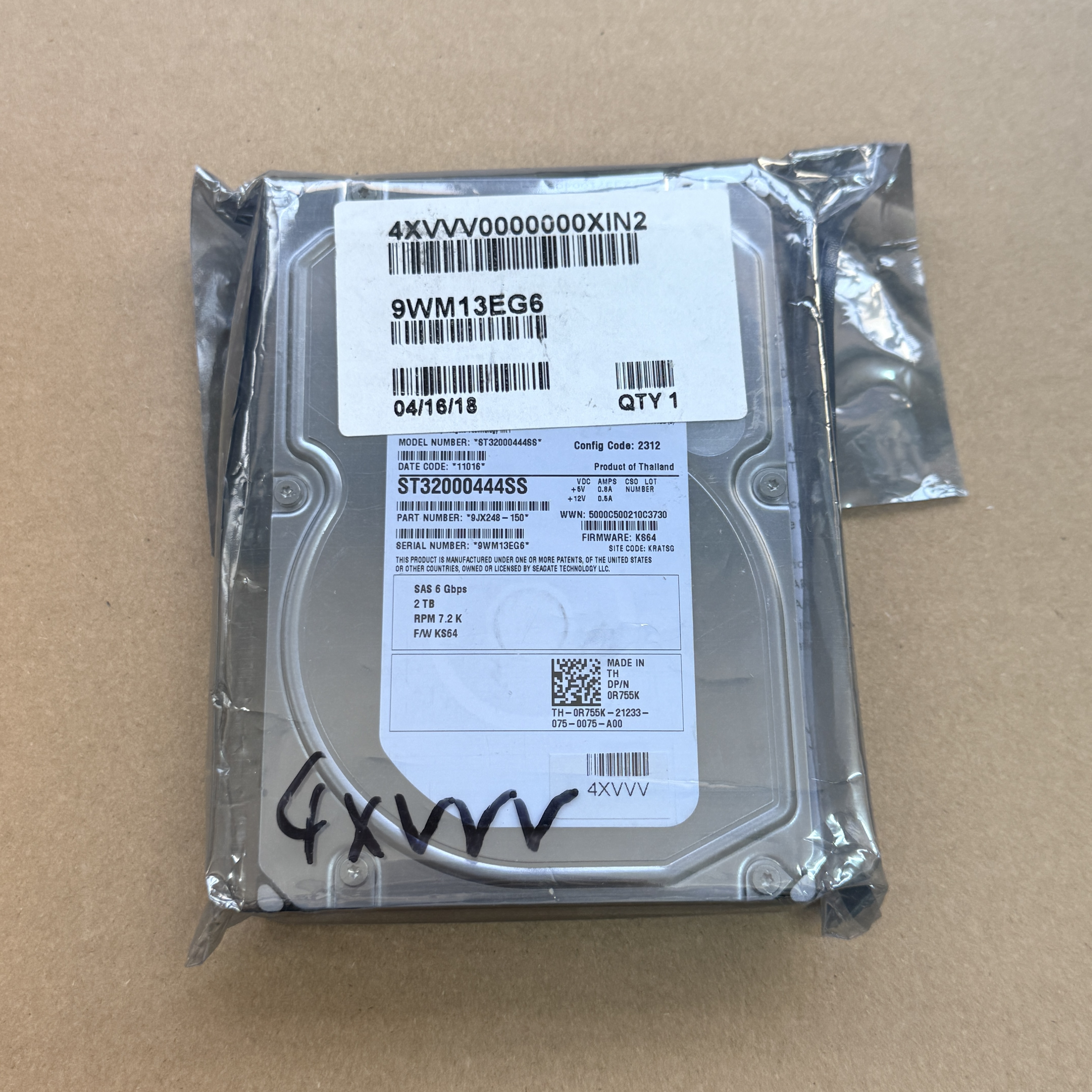 4XVVV DELL 3.5" 2TB 7.2K SAS HDD (翻新)