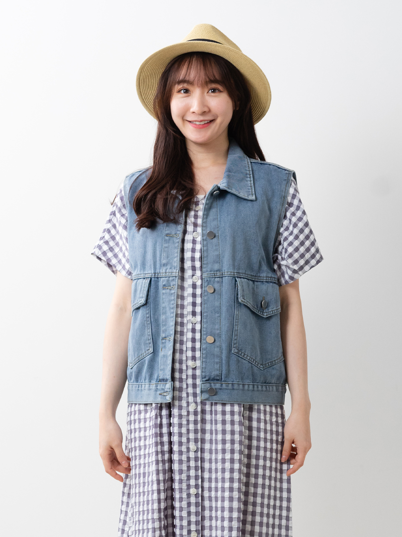 剪接口袋牛仔背心泡泡布格紋洋裝組合