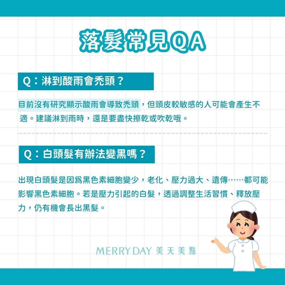 Q3. 淋到酸雨會禿頭？ A3. 目前沒有研究顯示酸雨會導致禿頭，但頭皮較敏感的人可能會產生不     適(5)。建議淋到雨時，還是要盡快擦乾或吹乾哦。  Q4. 白頭髮有辦法變黑嗎？ A4. 出現白頭髮是因為黑色素細胞變少，老化、壓力過大、遺傳……都可     能影響黑色素細胞。若是壓力引起的白髮，透過調整生活習慣、釋放     壓力，仍有機會長出黑髮。