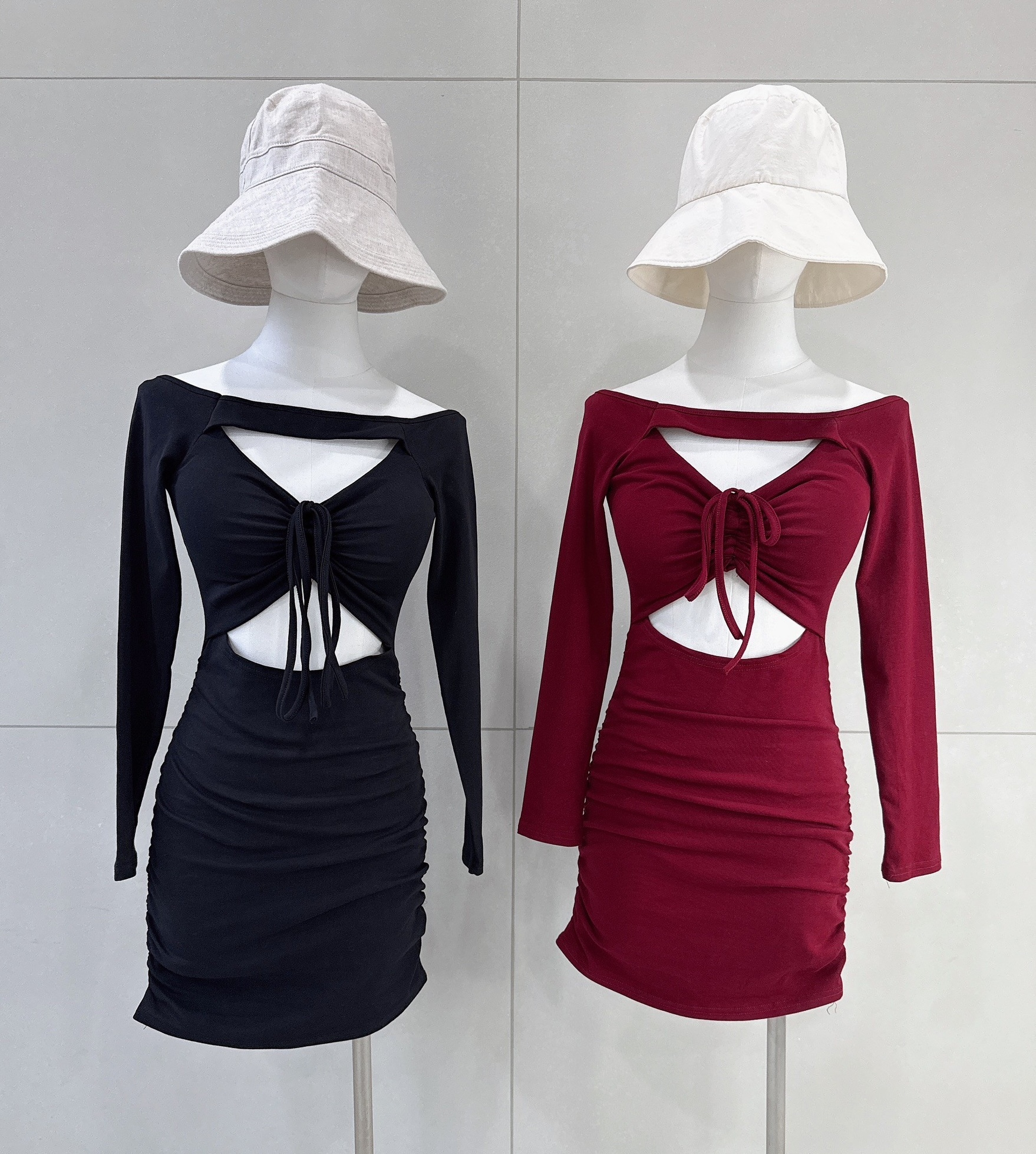 辣妹簍空胸墊抓皺短洋