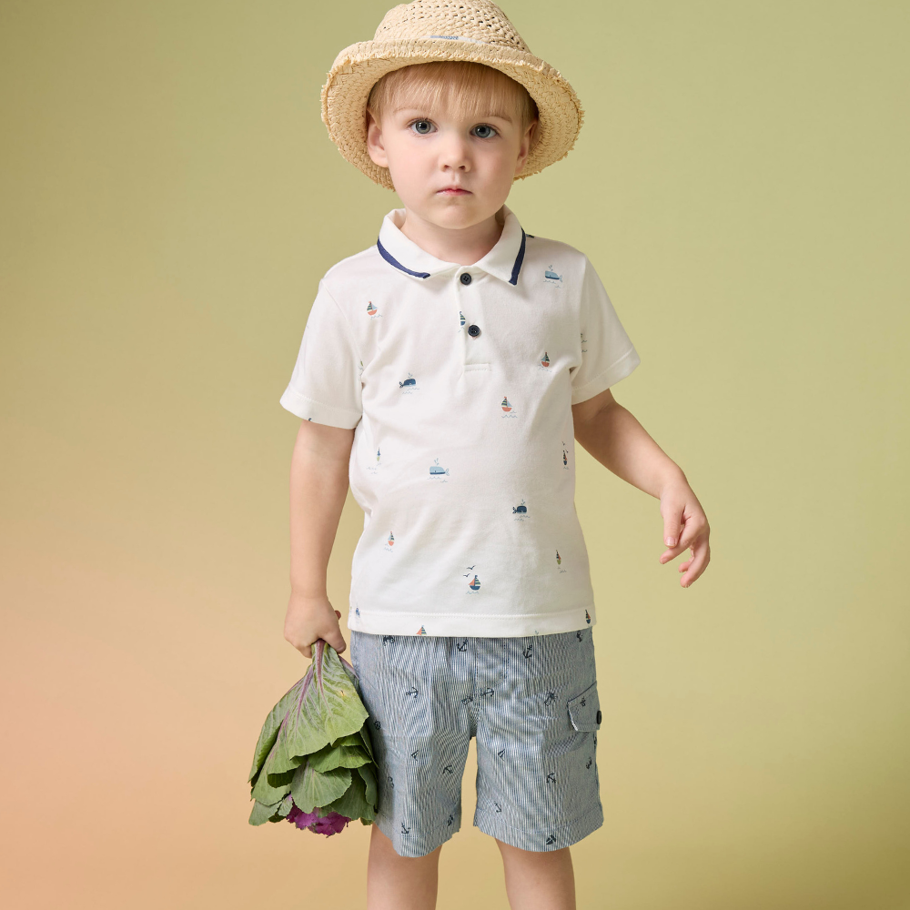 PIPPY可愛小鯨魚棉質襯衫領短袖上衣 白