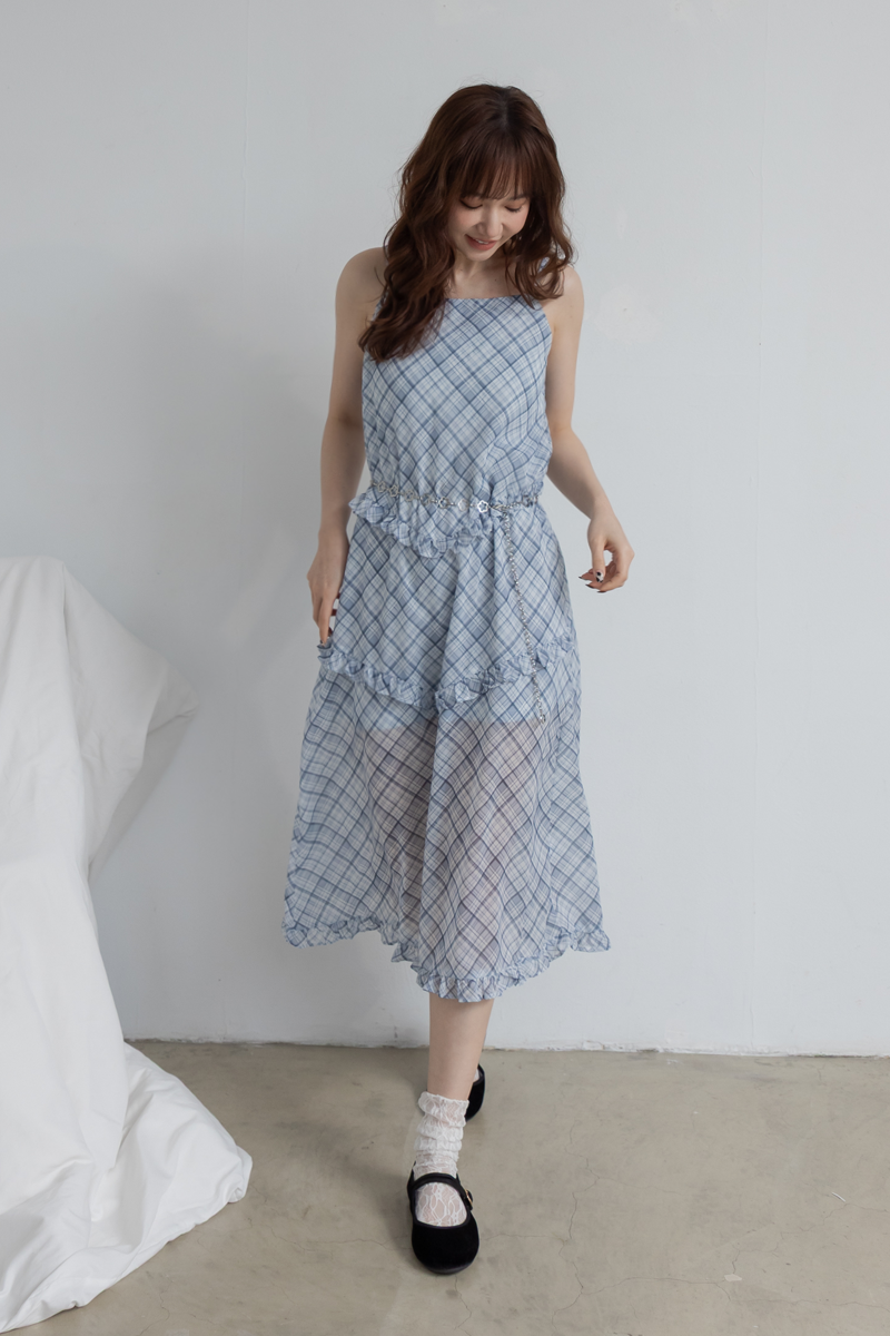 荷葉飾邊雪紡吊帶長洋裝