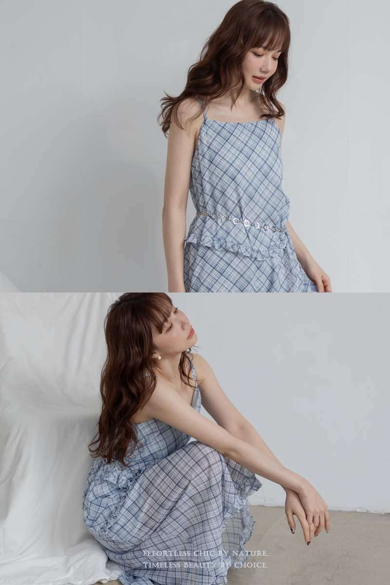 荷葉飾邊雪紡吊帶長洋裝